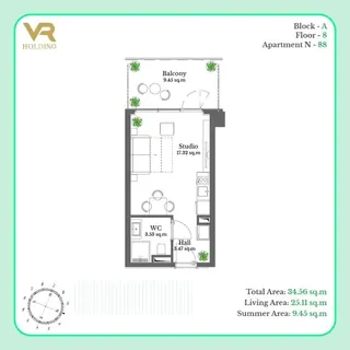 Студия, 34,57 м² — планировка, Krtsanisi Resort Residence