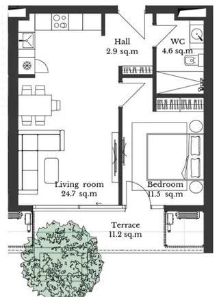 2 комнаты, 56,9 м² — планировка, Krtsanisi Resort Residence
