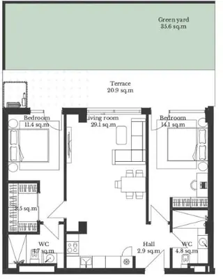 3 комнаты, 131,7 м² — планировка, Krtsanisi Resort Residence