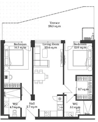 3 комнаты, 96,3 м² — планировка, Krtsanisi Resort Residence