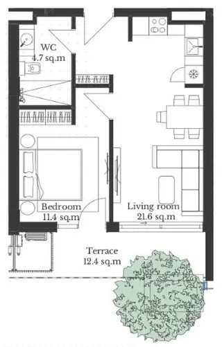 2 комнаты, 51,5 м² — планировка, Krtsanisi Resort Residence