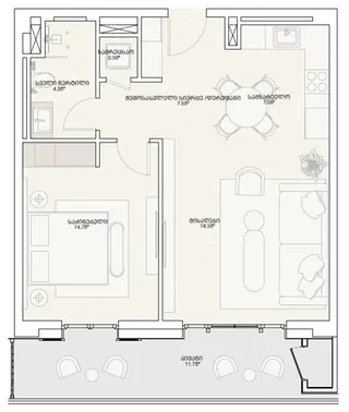 2 комнаты, 66,2 м² — планировка, Tbilisi Waterfront