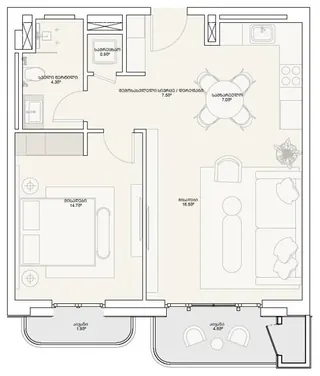2 комнаты, 61,3 м² — планировка, Tbilisi Waterfront