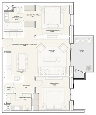 3 комнаты, 93,8 м² — планировка, Tbilisi Waterfront