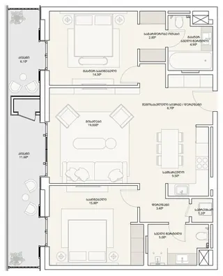 3 комнаты, 105,9 м² — планировка, Tbilisi Waterfront