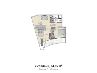 2 спальни, 64,05 м² — планировка, Alliance Centropolis