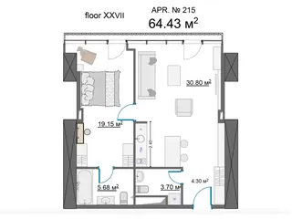 1 спальня, 64,4 м² — планировка, King David Residences