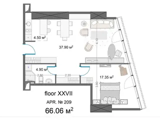 1 спальня, 66,1 м² — планировка, King David Residences