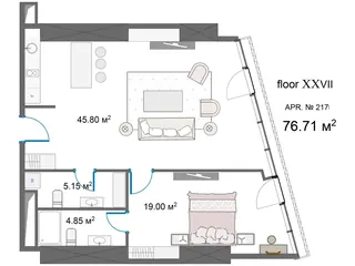1 спальня, 76,7 м² — планировка, King David Residences