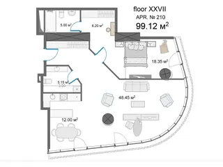 1 спальня, 99,1 м² — планировка, King David Residences