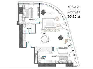 2 спальни, 95,3 м² — планировка, King David Residences