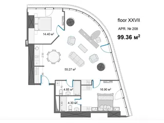 2 спальни, 99,4 м² — планировка, King David Residences
