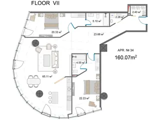 2 спальни + кабинет, 160,1 м² — планировка, King David Residences
