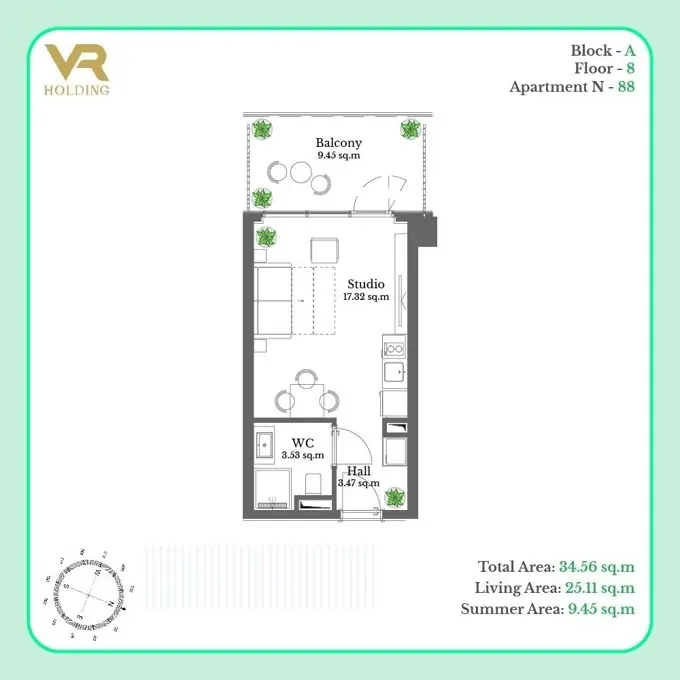 Студия, 34,57 м² — Krtsanisi Resort Residence