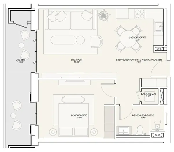 2 комнаты, 68,4 м² — Tbilisi Waterfront