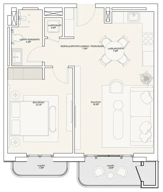 2 комнаты, 61,3 м² — Tbilisi Waterfront