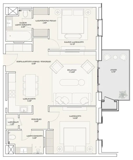 3 комнаты, 93,8 м² — Tbilisi Waterfront