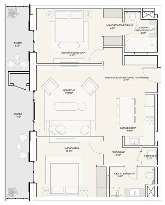 3 комнаты, 105,9 м² — Tbilisi Waterfront