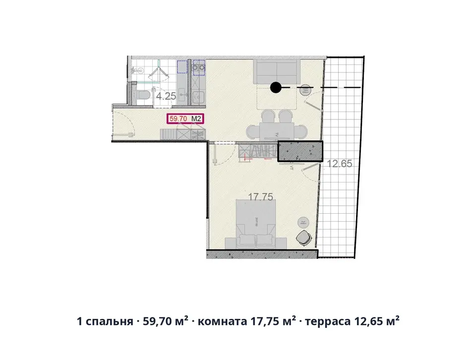 1 спальня · 59,70 м² · комната 17,75 м² · терраса 12,65 м² — Alliance Centropolis