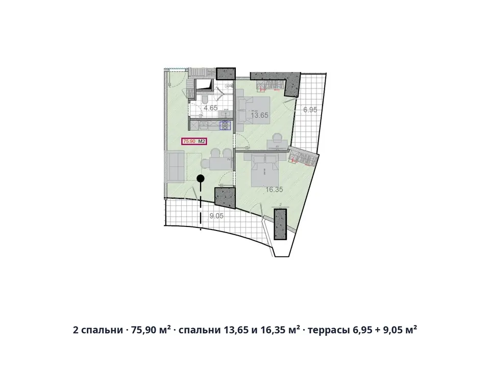 2 спальни · 75,90 м² · спальни 13,65 и 16,35 м² · террасы 6,95 + 9,05 м² — Alliance Centropolis