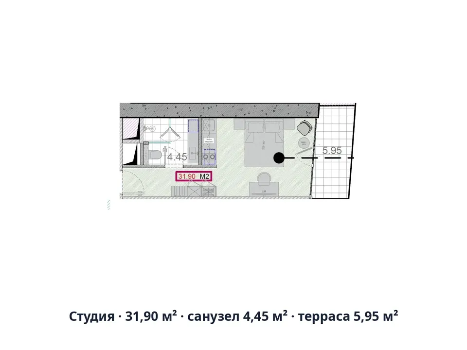 Студия · 31,90 м² · санузел 4,45 м² · терраса 5,95 м² — Alliance Centropolis