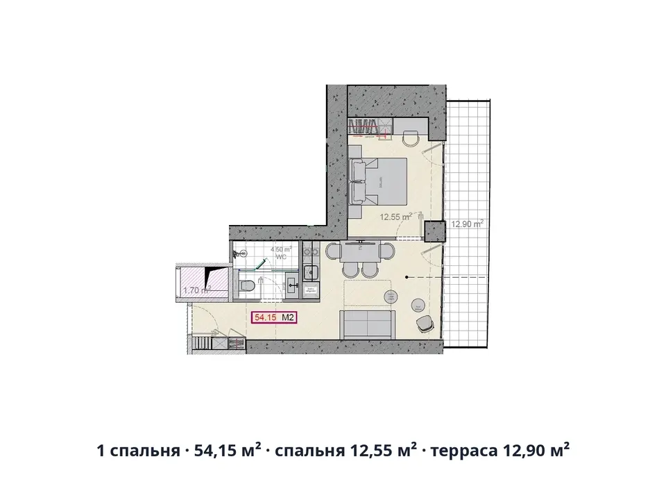 1 спальня · 54,15 м² · спальня 12,55 м² · терраса 12,90 м² — Alliance Centropolis