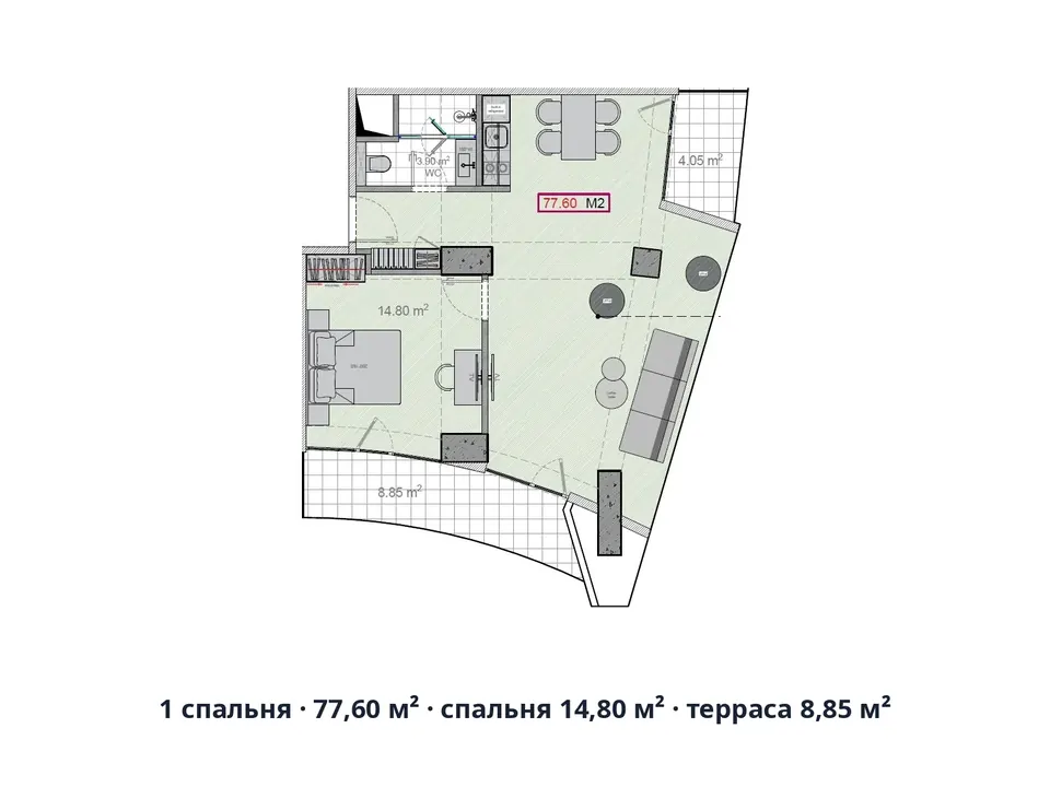 1 спальня · 77,60 м² · спальня 14,80 м² · терраса 8,85 м² — Alliance Centropolis