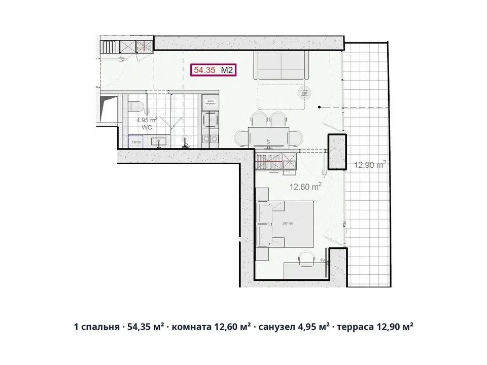 1 спальня · 54,35 м² · комната 12,60 м² · санузел 4,95 м² · терраса 12,90 м² — Alliance Centropolis