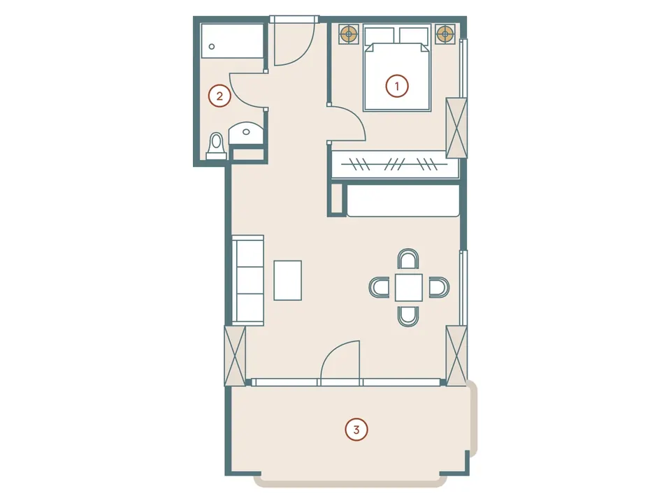 50,9 м² · жилая часть 34,54 м² · санузел 3,96 м² · терраса 12,4 м² — Aqua