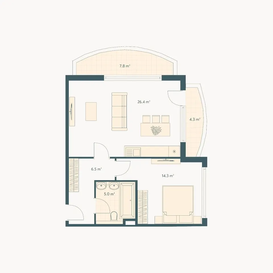 2 комнаты · кухня-гостиная 26,4 м² · терраса 7,8 м² — Family Club