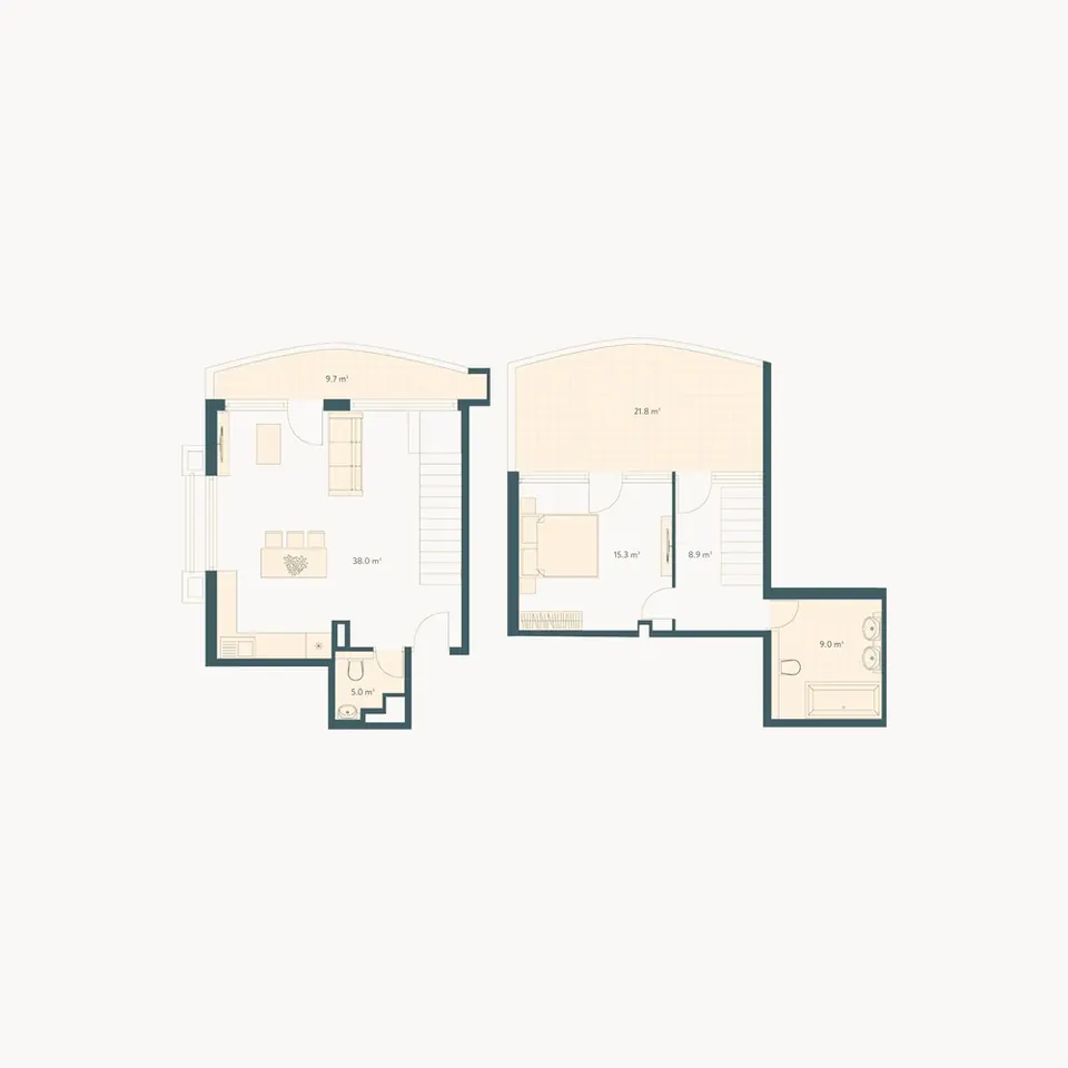 2 комнаты · два уровня · гостиная 38 м² · террасы 9,7 и 21,8 м² — Family Club