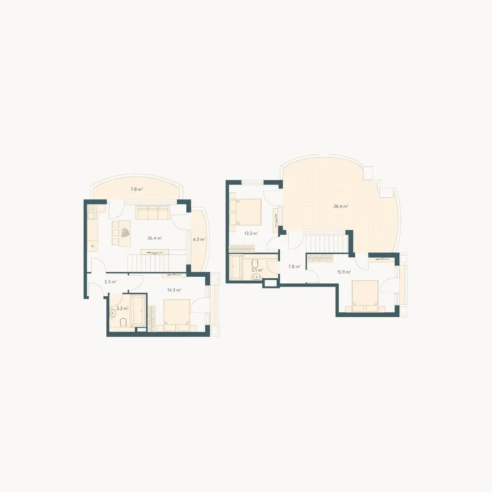 4 комнаты · два уровня · 141,8 м² · террасы 7,8 и 26,4 м² — Family Club