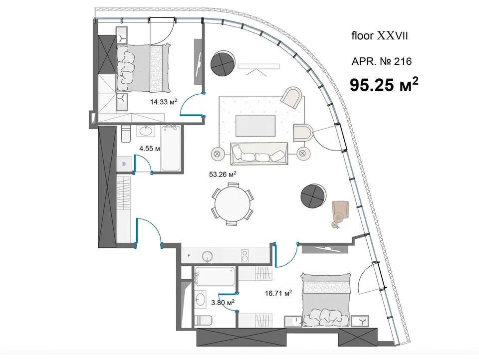 2 спальни, 95,3 м² — King David Residences