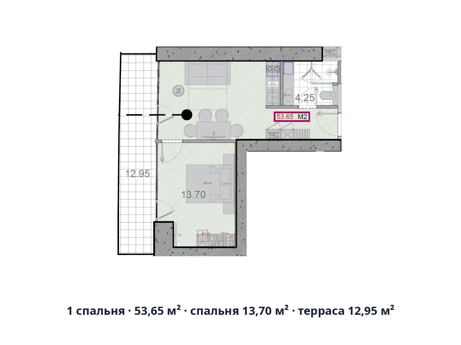 1 спальня · 53,65 м² · спальня 13,70 м² · терраса 12,95 м²