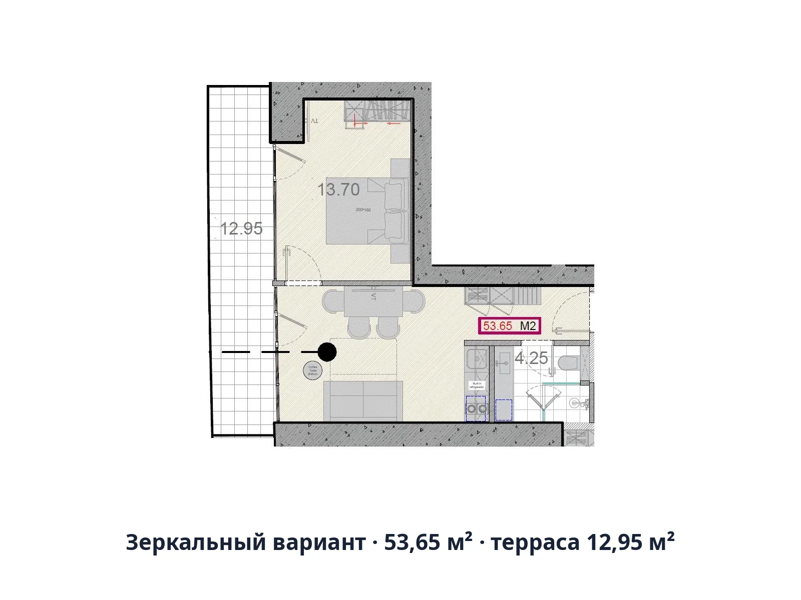 Зеркальный вариант · 53,65 м² · терраса 12,95 м²