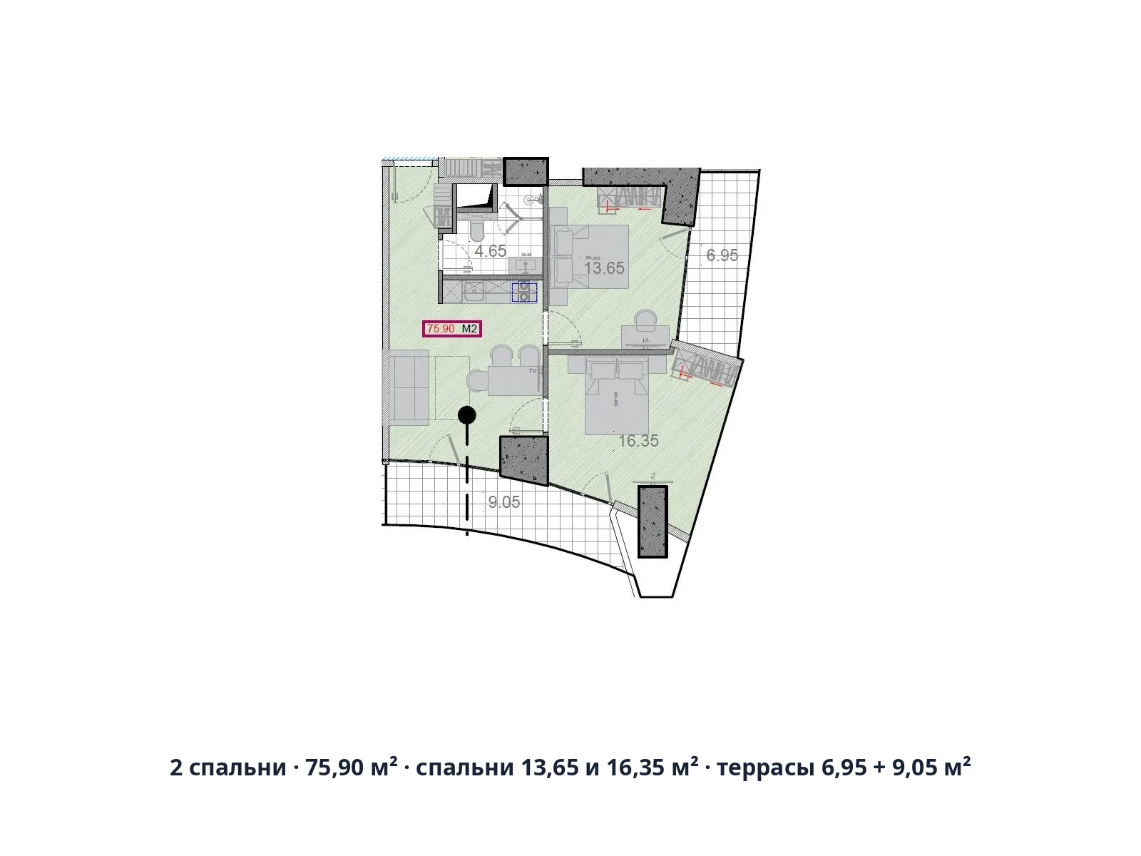 2 спальни · 75,90 м² · спальни 13,65 и 16,35 м² · террасы 6,95 + 9,05 м²