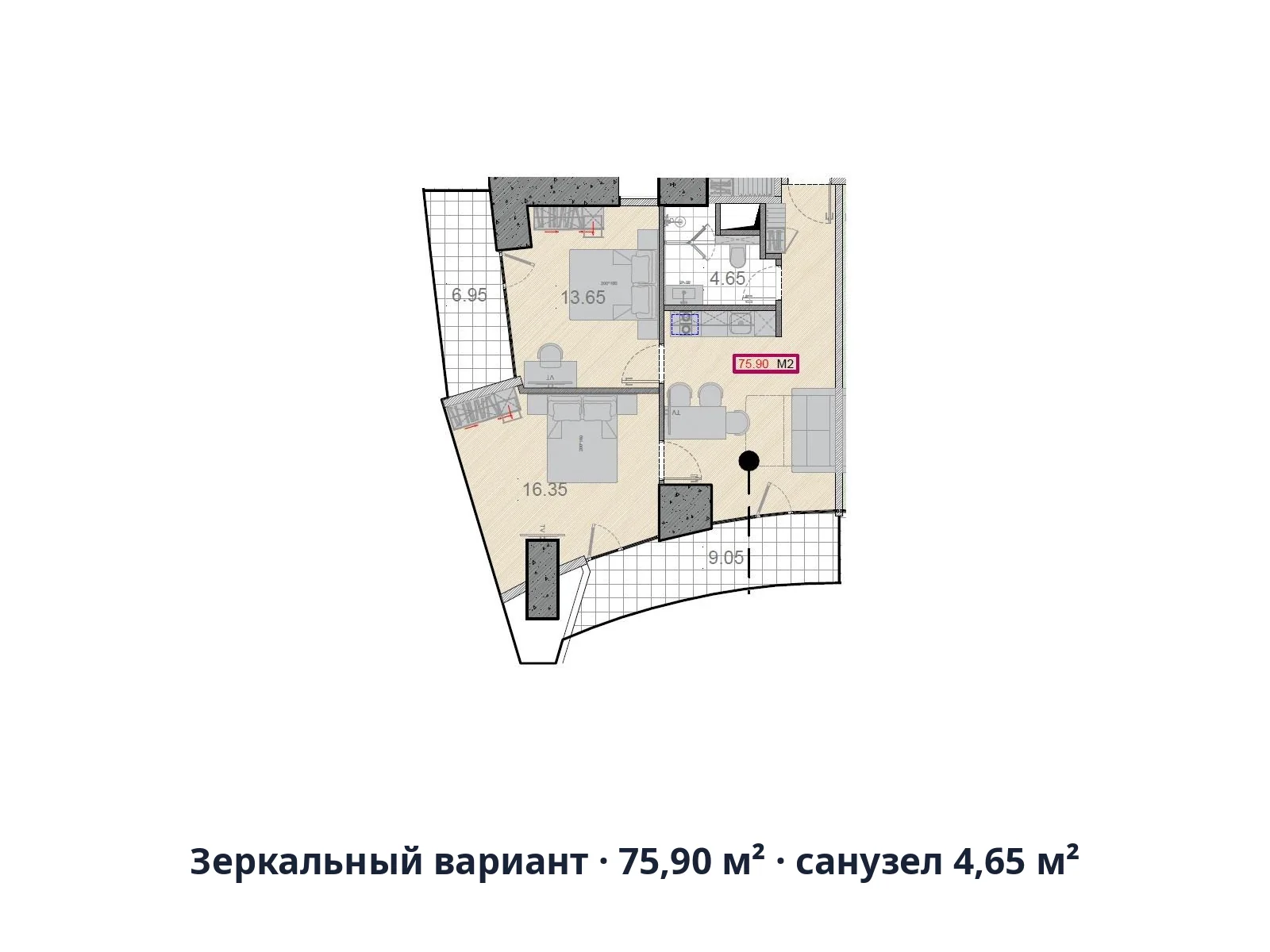 Зеркальный вариант · 75,90 м² · санузел 4,65 м²