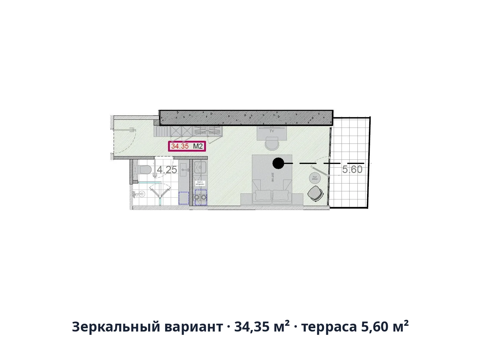 Зеркальный вариант · 34,35 м² · терраса 5,60 м²