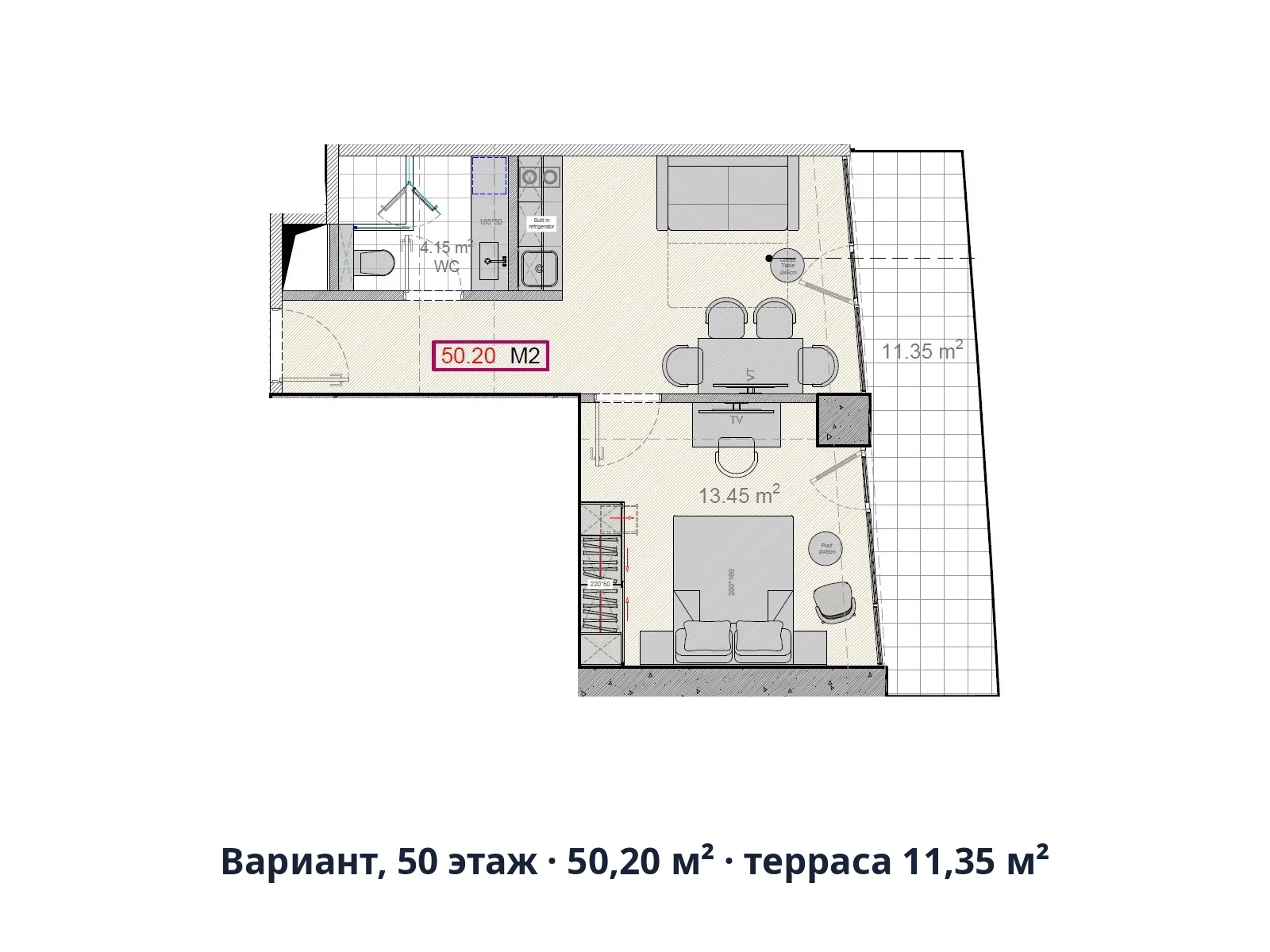 Вариант, 50 этаж · 50,20 м² · терраса 11,35 м²