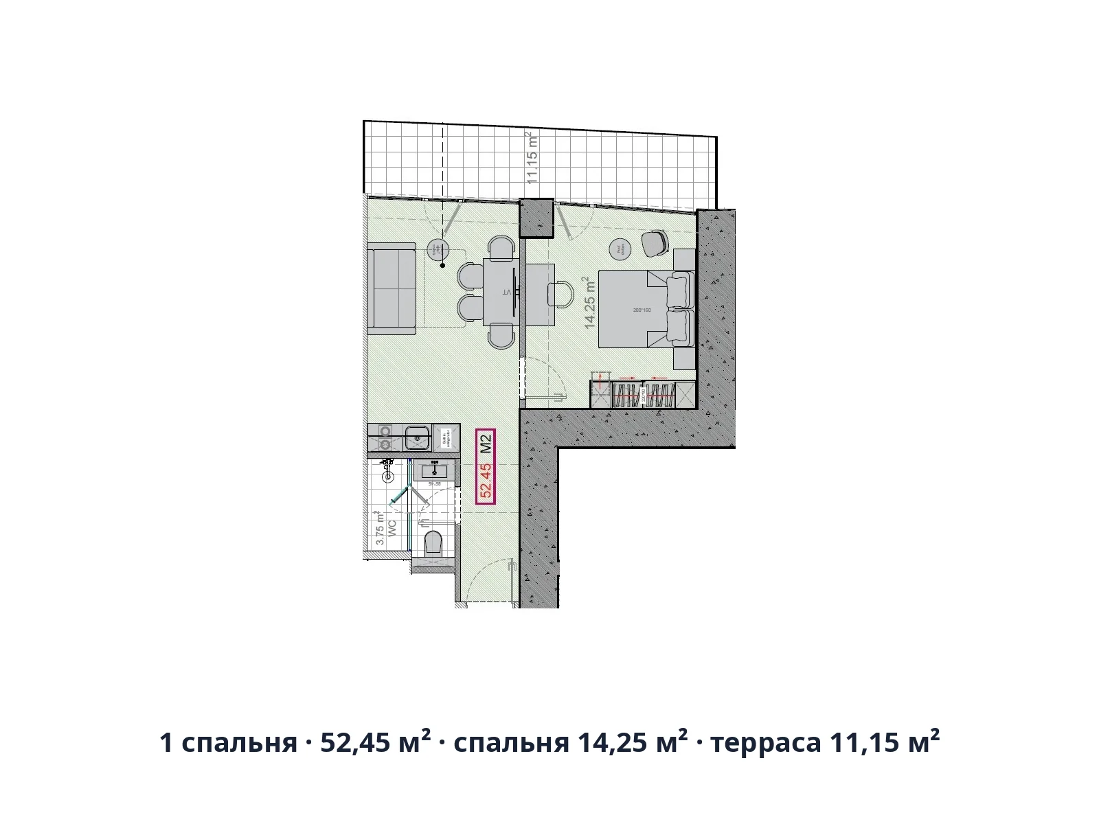 1 спальня · 52,45 м² · спальня 14,25 м² · терраса 11,15 м²