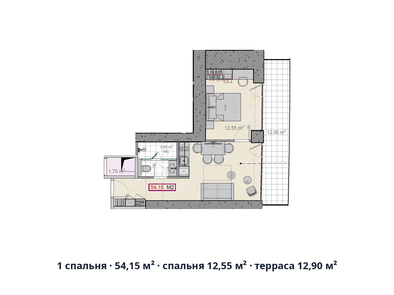1 спальня · 54,15 м² · спальня 12,55 м² · терраса 12,90 м²