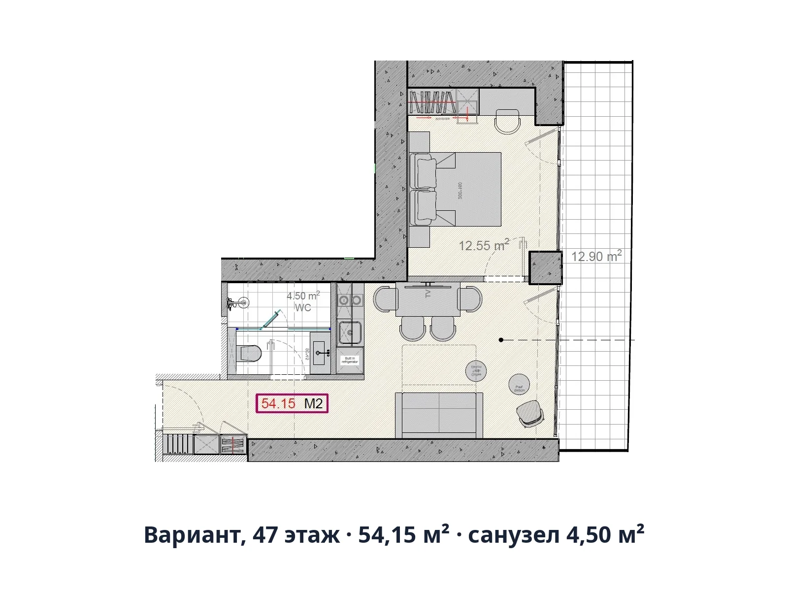 Вариант, 47 этаж · 54,15 м² · санузел 4,50 м²