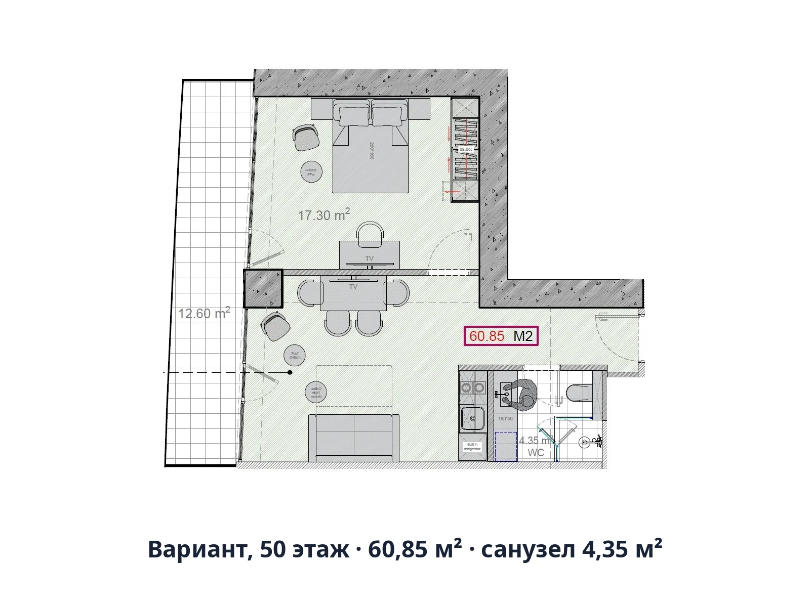 Вариант, 50 этаж · 60,85 м² · санузел 4,35 м²