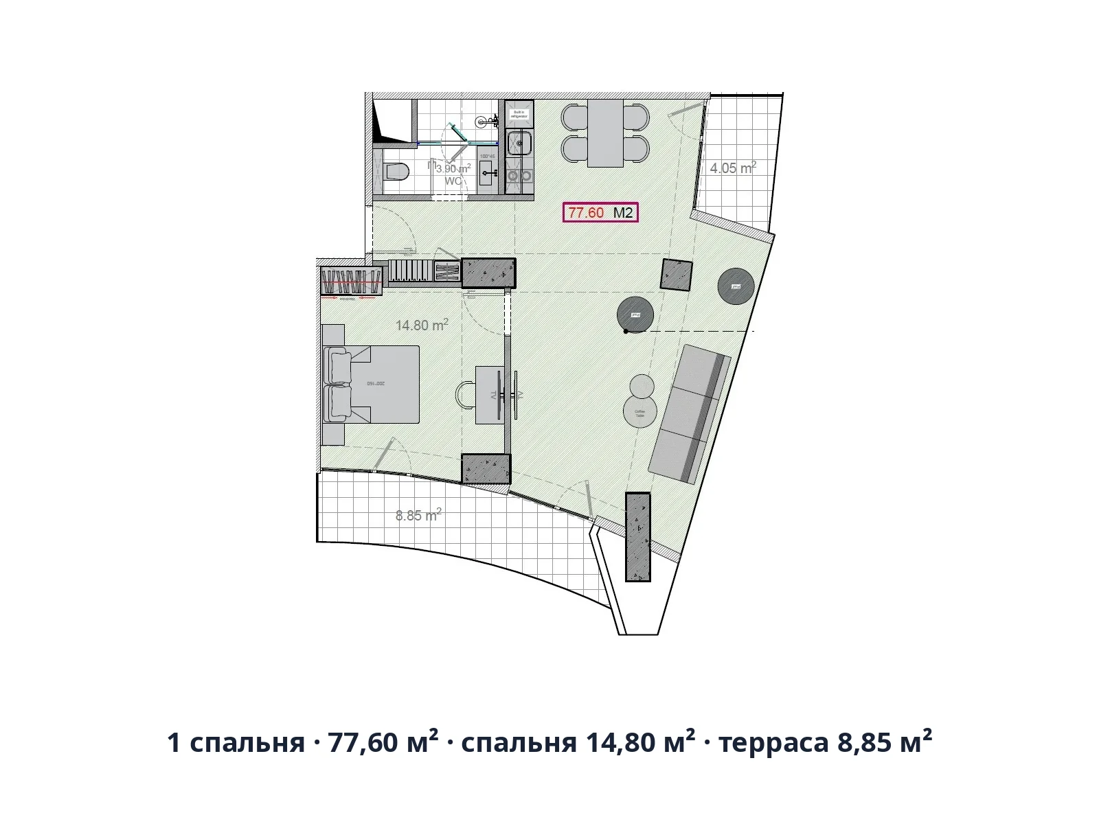1 спальня · 77,60 м² · спальня 14,80 м² · терраса 8,85 м²