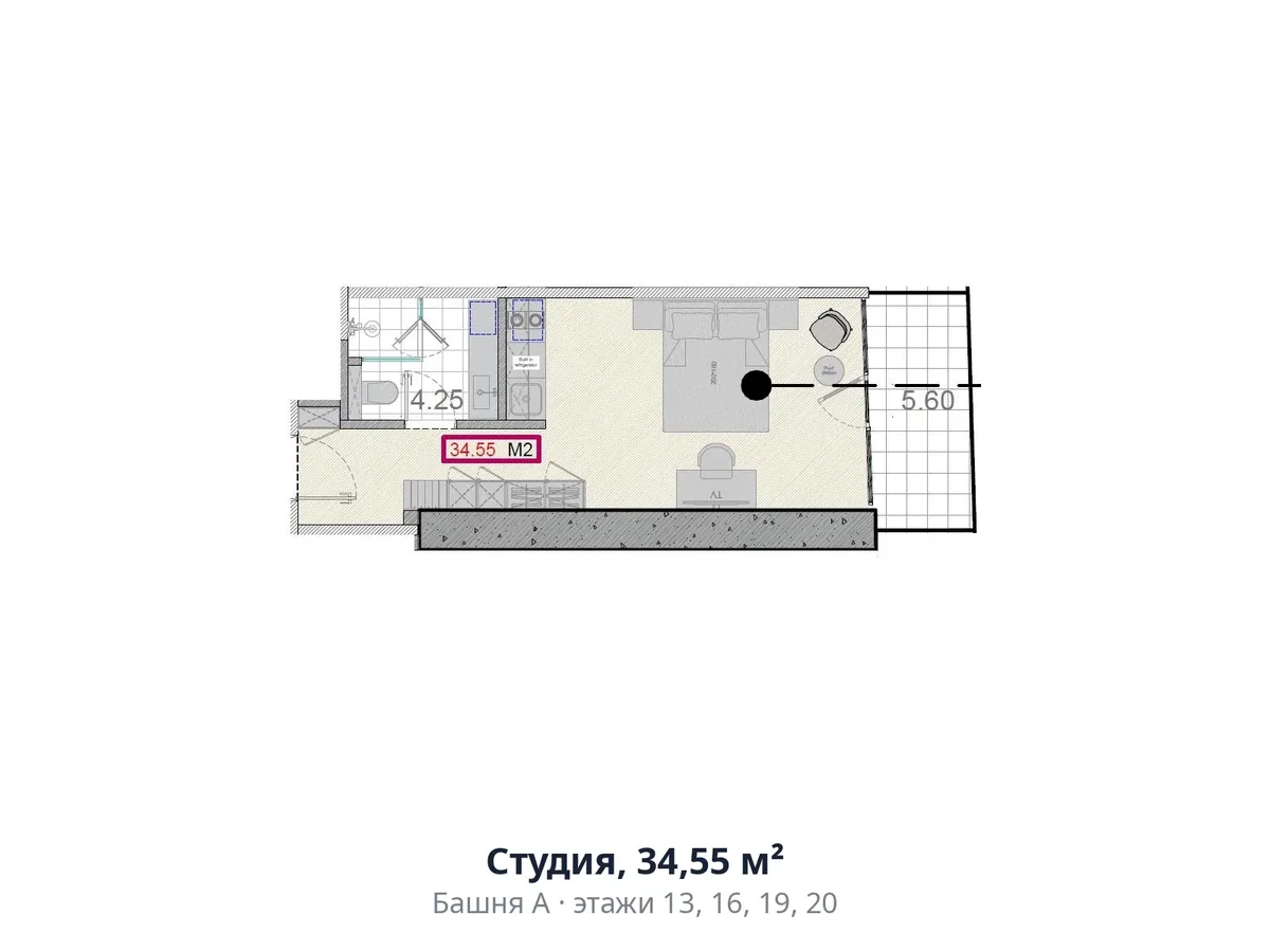 Студия, 34,55 м²