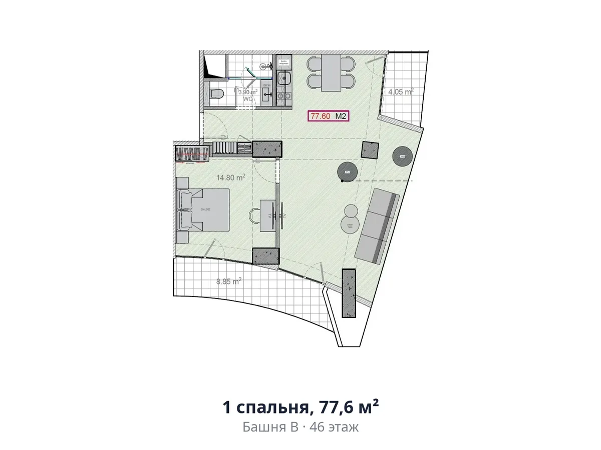 1 спальня, 77,6 м²