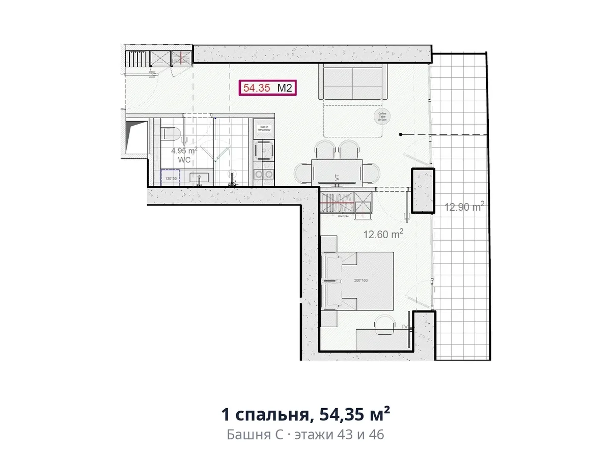 1 спальня, 54,35 м²