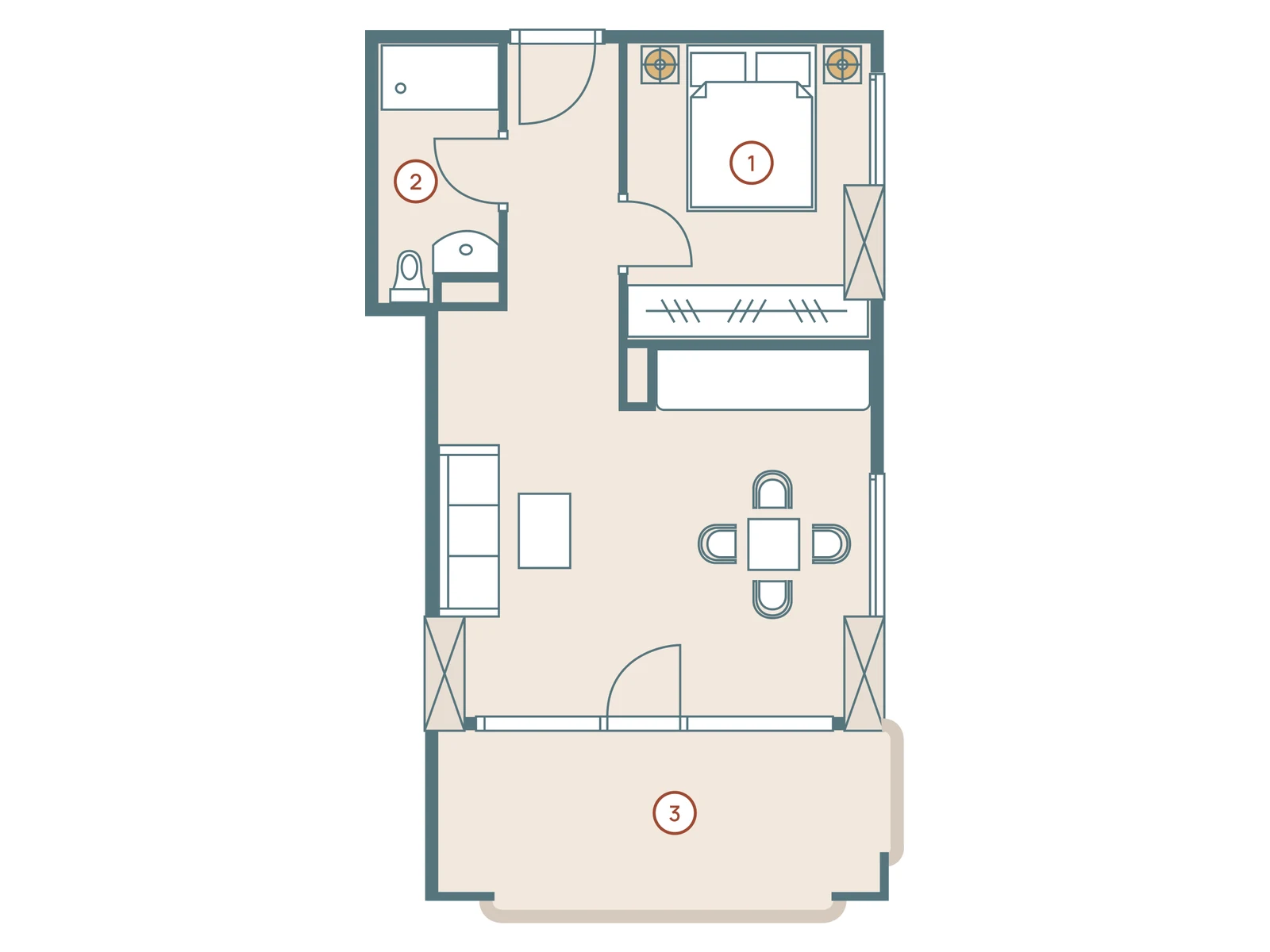 50,9 м² · жилая часть 34,54 м² · санузел 3,96 м² · терраса 12,4 м²