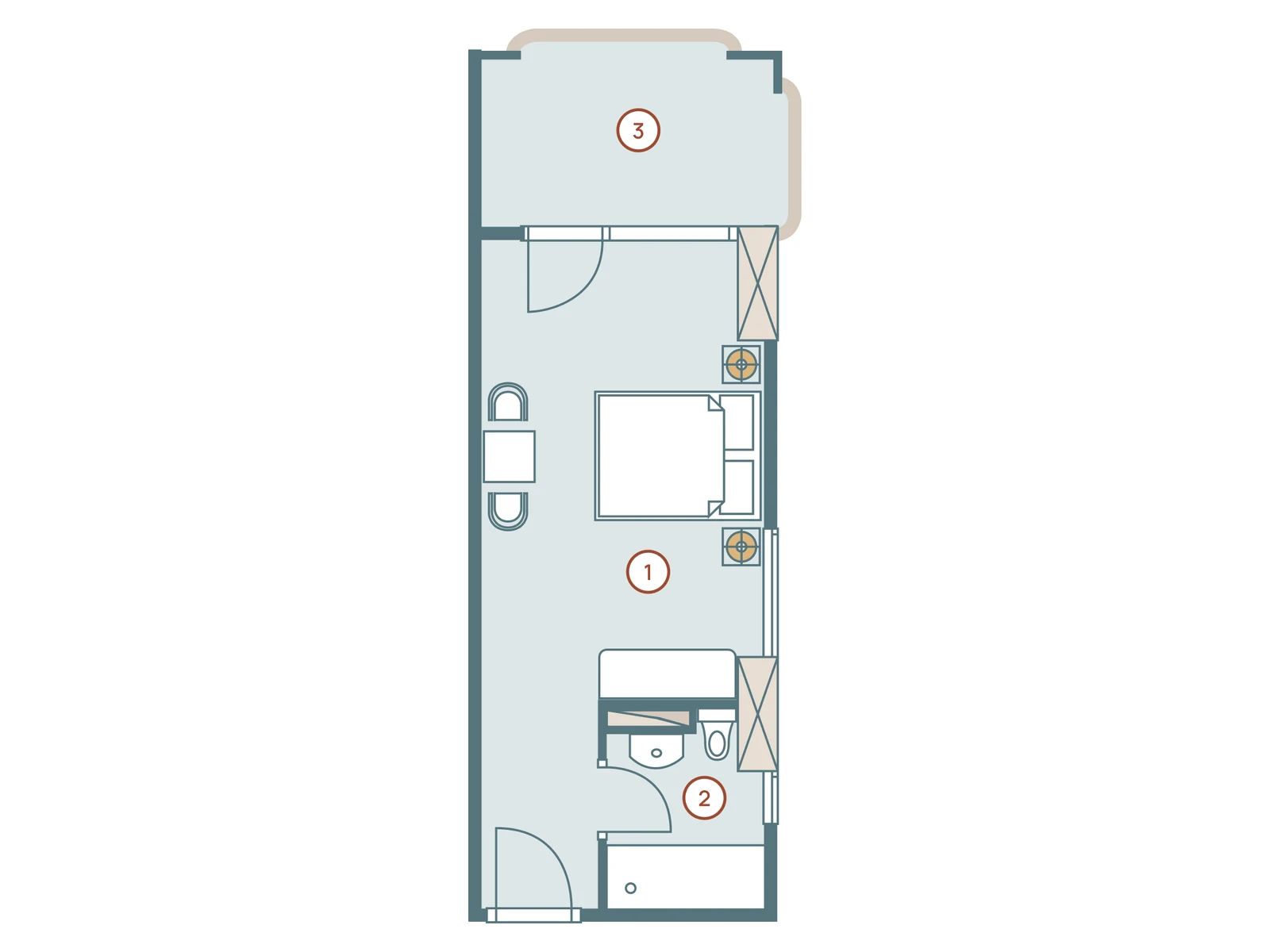 31,2 м² · жилая зона 20,84 м² · санузел 3,96 м² · балкон 6,4 м²
