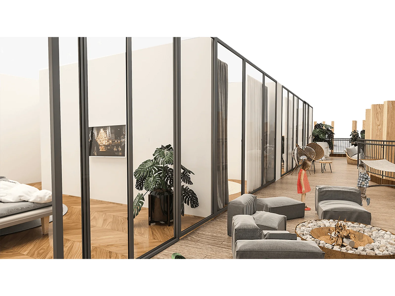 Озеленённая веранда с зоной отдыха — планировка 4 комнаты, 238 м²